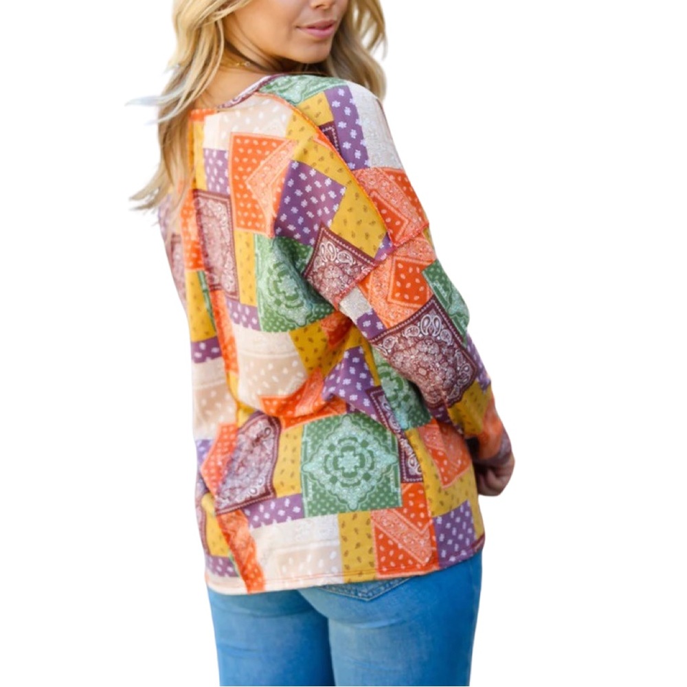 BOUTIQUE RUST OLIVE & MUSTARD PATCHWORK TOP - Picture 8 of 9